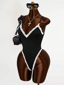 Mistrie Women's Lace Trim Fitted Bodysuit - Black - View 4