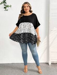 SHEIN CURVE+ Plus Size Casual Colorblock Ditsy Floral Shirt, Relaxed Holiday Vibe, Suitable For Country Music Festivals, Women's Boho Style, Spring Year - Multicolor - View 7