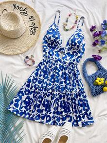 Soleia 女士度假风编织蓝底白花印花吊带迷你连衣裙，花朵轮廓，夏季套装 - 彩色 - 查看 5