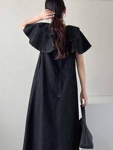 FRIFUL Women's Ruffle Tie Neck Loose Straight Casual Denim Dress - Blue - View 2