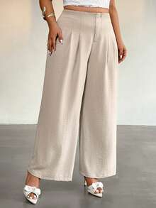 Firerie Plus Size Apricot Woven Fabric Casual Straight Leg Long Pants With Zipper Details - Apricot - View 3