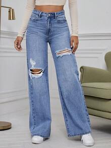 SHEIN EZwear Quần jeans nữ ống rộng, dáng suông, đa năng, có túi và cúc, kiểu dáng thường ngày, chất liệu denim bạc màu. - Màu xanh lam - Xem 3