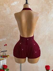 Soleia 女士性感豹纹深V领露背连体衣，修身连体裤，适合派对、圣诞节、约会之夜、夜店、海滩、邮轮、度假、波西米亚风、秋季、复古红色万圣节服装、冬季优雅派对礼服、亮片连体衣 - 紅色 - 查看 2