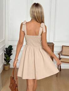 Easowa 女士纯色收腰打结肩带迷你连衣裙 - 卡其色 - 查看 2