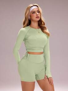 Sovereign Charm Green Solid Color Side Drawstring Top And Shorts Slim Fit Sports Set - Green - View 4