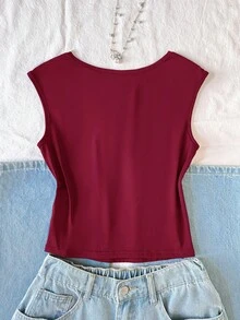 SHEIN Áo thun nữ tuổi teen kiểu dáng giản dị, tối giản, cổ vuông, viền ren, nơ ruy băng, tay ngắn nhún bèo, màu trơn, thích hợp cho kỳ nghỉ. - Màu Đỏ Sâu - Xem 4