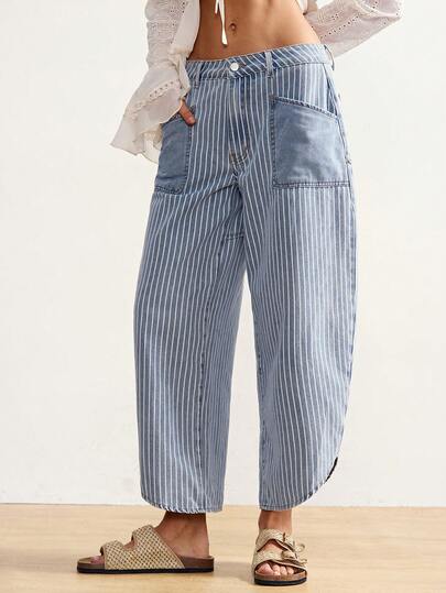 Bohemela Women's Casual Everyday Striped Patch Pocket Loose Fit Denim Jeans, Summer