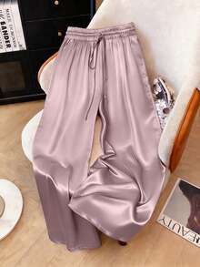 Franclia Quần ống đứng bằng satin cỡ lớn có dây rút ở eo. - Màu Hồng baby - Xem 5