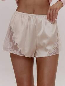MUSERA Lace Side Detail Satin Elasticated Waist Flowy Mini Shorts Cute Girly Sexy Spring Winter Going Out Daily Easter Sugar Swizzle - Cream - View 1
