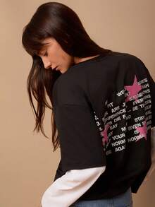 女士休闲长袖黑白拼接宽松T恤 - 黑與白 - 查看 1