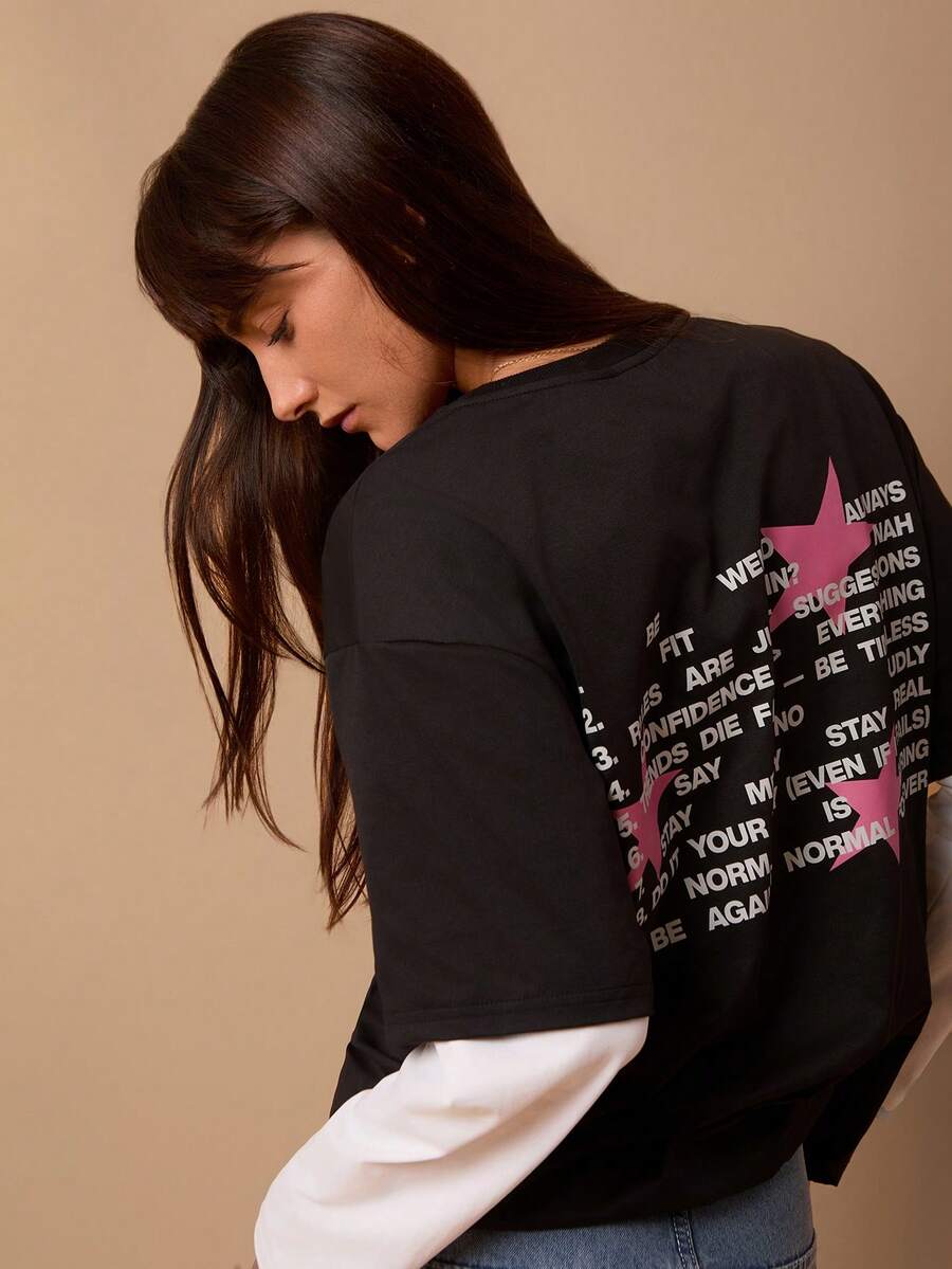 女士休闲长袖黑白拼接宽松T恤 - 黑與白 - 查看 1