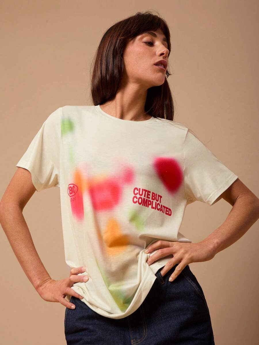 SURIMA 休闲简约图案圆领短袖宽松女式T恤 - 彩色 - 查看 1