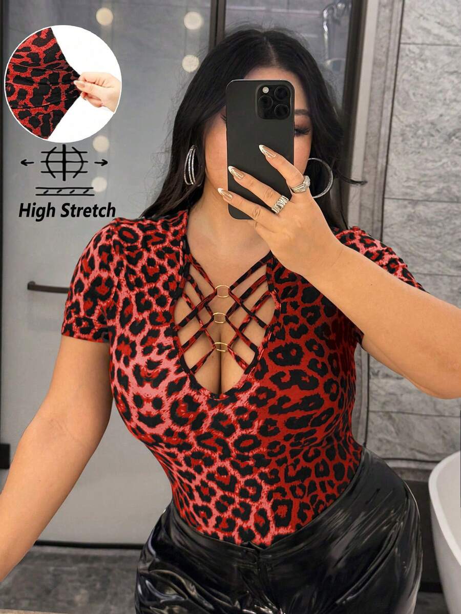 NU&NOW 大码女式性感豹纹交叉镂空设计百搭紧身弹力面料短袖T恤，适合派对夜店穿着，春夏款 - 彩色 - 查看 1