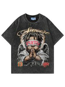 Manfinity EMRG Men's Round Neck Angel Letter Print Casual Versatile Daily Short Sleeve T-Shirt - Black - View 1