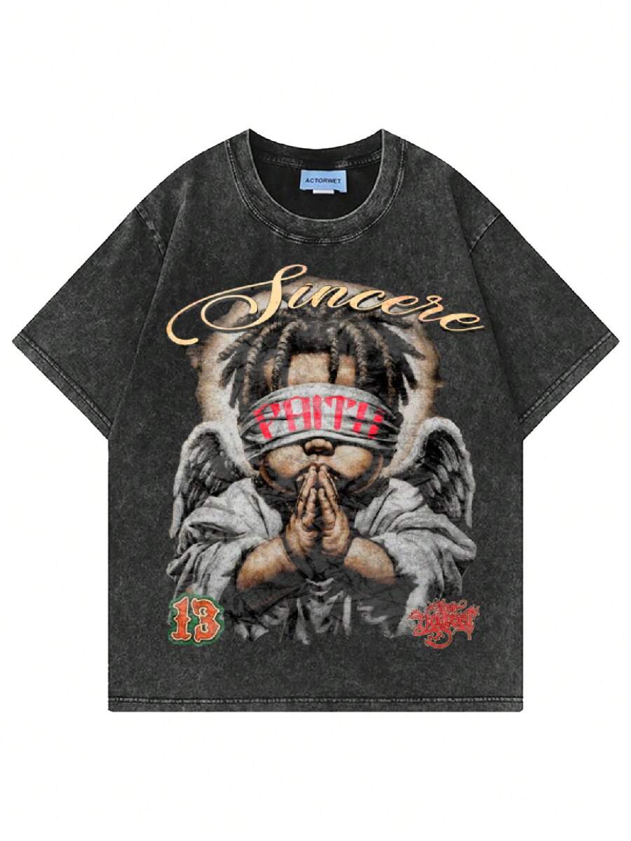 Manfinity EMRG Men's Round Neck Angel Letter Print Casual Versatile Daily Short Sleeve T-Shirt - Black - View 1