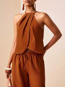 Zivah Spring/Summer New Arrivals: Music Festival, Western, Nomadic, Birthday Party, Graduation Season, Preppy, Student Wear, Everyday Wear, Basic Versatile, Casual, Vacation, Cruise Travel, Beach, Seaside, Sunbathing, Popular Influencer Items, Streetwear, Wedding Guest Wear, Bohemian, Commuter, Brunch Wear, Airport Wear, Casual And Elegant Halter Vest And Pocketed Wide-Leg Trousers, Crinkled Fabric Women's Two Pieces Set - A - Redwood - View 5