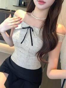 DAZY Bow Tie Strap Women's Shirt, Designed For Spring, Summer, Valentine's Day Off The Shoulder Top Going Out Tops - Apricot - View 1