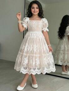 SHEIN Tween Girl Elegant Square Neck Puff Sleeve Lace Midi Dress - White - View 4