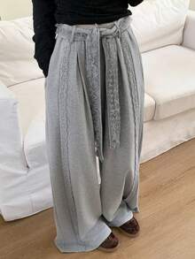DAZY 女士蕾丝拼接休闲宽松裤 - 灰色 - 查看 9