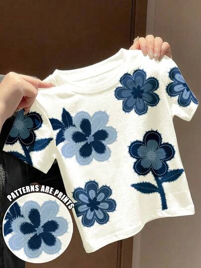 SHEIN Mom And Me Vintage Floral Denim Print Matching Outfits, Casual Cute Short Sleeve Round Neck Tops For Baby Girl, Suitable For Summer Parties, Casual Outings, Korean Style, Homecoming, Easy Comfort, Stylish Kids, Spring & Summer Fashion