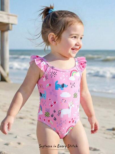 SHEIN 1pc Baby Boys' Casual, Comfortable, Fashionable, Practical, Soft & Cute Cartoon Pattern Romper Swimsuit, Suitable For Vacation, Spring/Summer