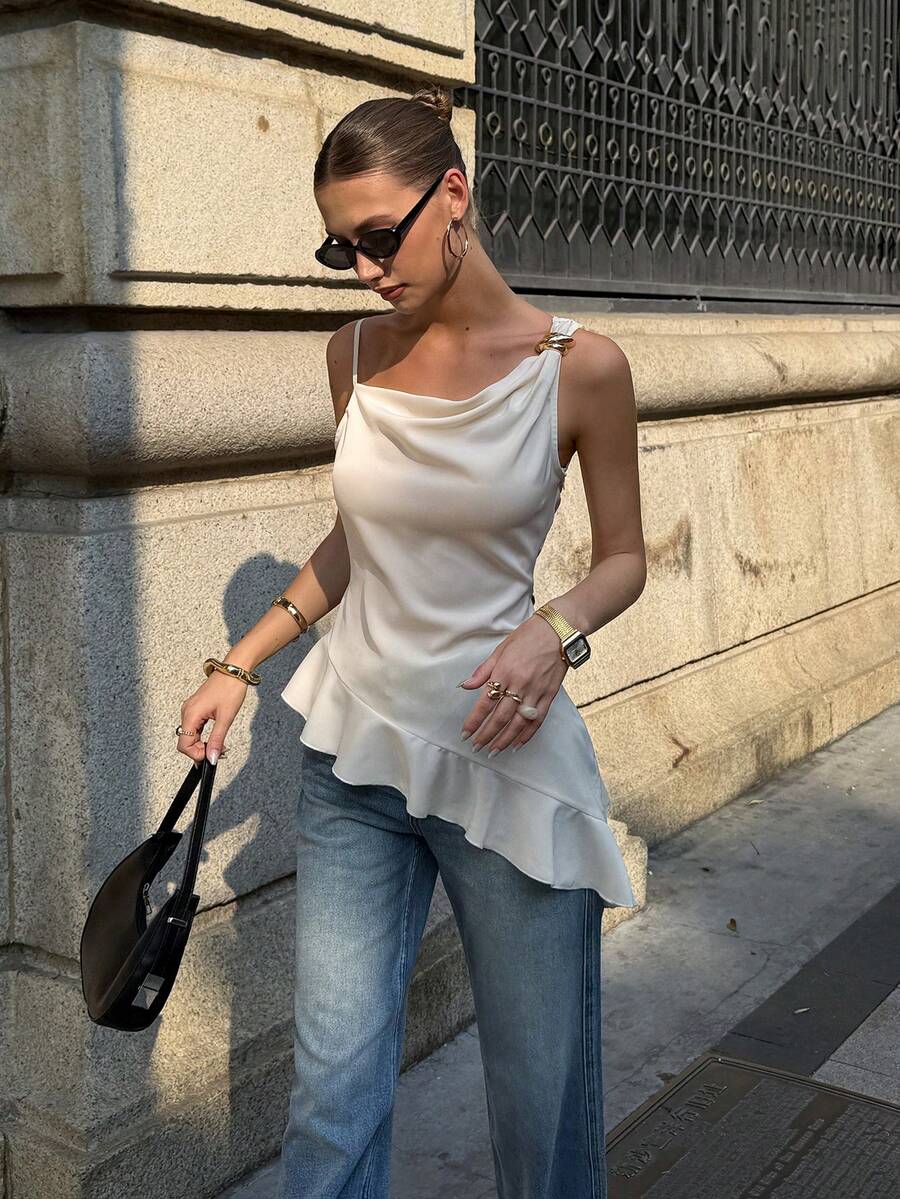 Siren Gaze 女士纯色垂褶领不对称荷叶边下摆金属扣装饰吊带背心，夏季穿着 - 杏色 - 查看 1