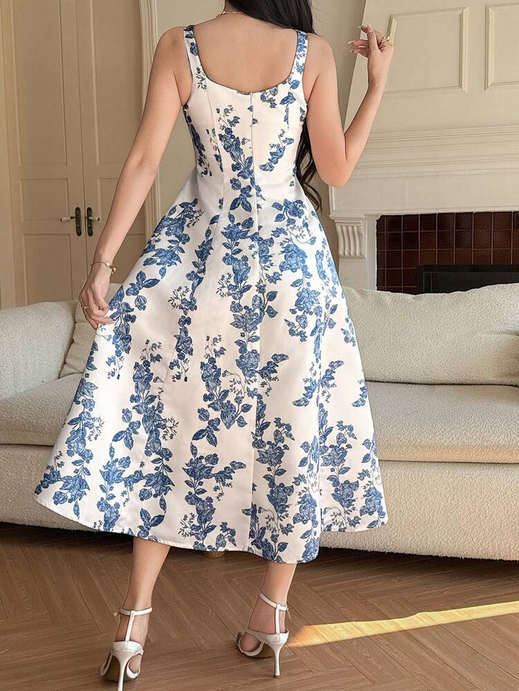 Women's Elegant Floral Print Sleeveless Mid-Length Dress, Summer Wedding Guest Dress Easter Sundress Boho
