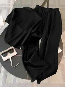 Resyla 2pcs Women Casual Collared Short Sleeve Top And Drawstring Waist Pants Set - Black - View 2