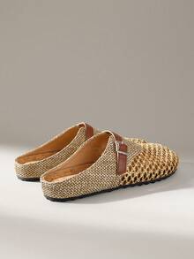 Solecia Giày sandal quai ngang dệt cho nữ, mũi tròn, kiểu xỏ chân không gót, phong cách tối giản thoải mái, phù hợp cho kỳ nghỉ, đi làm, dạo phố, hẹn hò, trà chiều, giày bệt màu nâu, mùa xuân/hè. - màu nâu - Xem 3