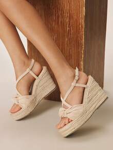 Styleloop Women's Straw Rope Bow Criss-Cross Strap High Heel Round Toe Sandals Valentine's Day Holiday Travel Essential Boho Coachella - Apricot - View 6