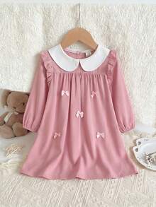 Baby Girls' Fashion Minimalist Bow Decor Cute Peter Pan Collar Ruffle Hem Long Sleeve Dress Pink Abaya Matching Girl Matching Islamic Dresses Collared Baby Girl Dress Dusty Pink Baby Dress Baby Girl Long Sleeve Dress Pink Baby Girl Dress - Pink - View 1
