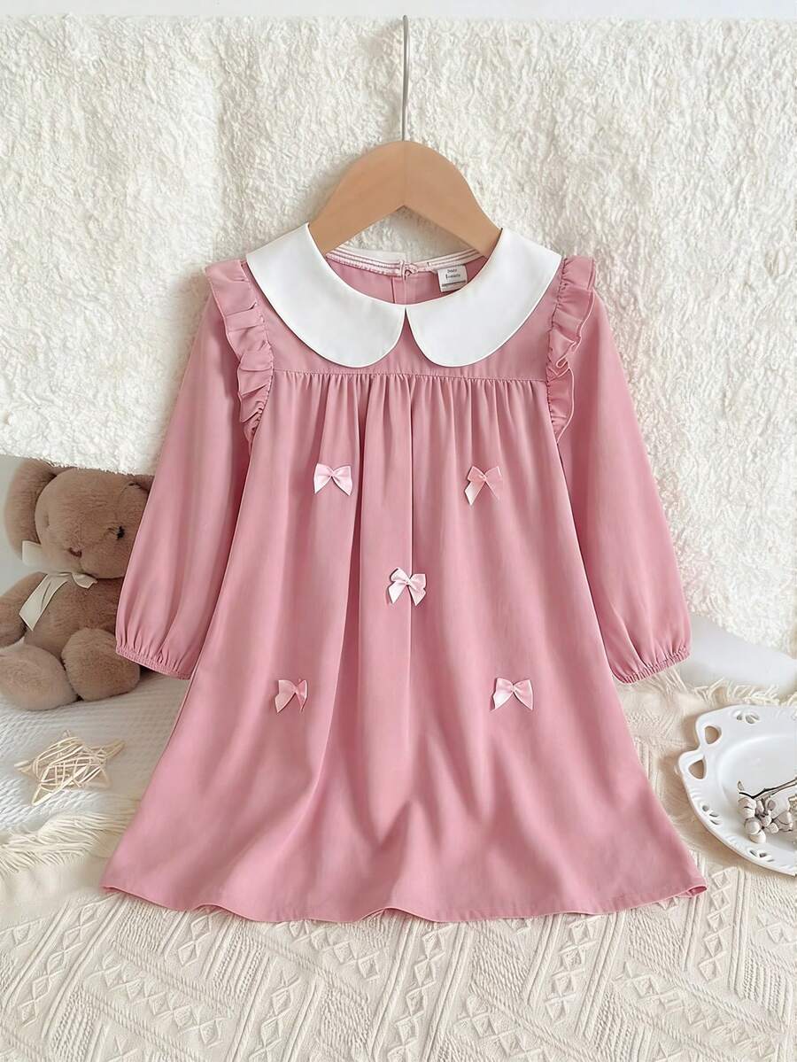 Baby Girls' Fashion Minimalist Bow Decor Cute Peter Pan Collar Ruffle Hem Long Sleeve Dress Pink Abaya Matching Girl Matching Islamic Dresses Collared Baby Girl Dress Dusty Pink Baby Dress Baby Girl Long Sleeve Dress Pink Baby Girl Dress - Pink - View 1