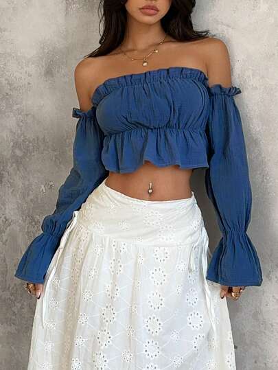 SHEIN Áo denim lửng trễ vai dáng rộng, cỡ lớn