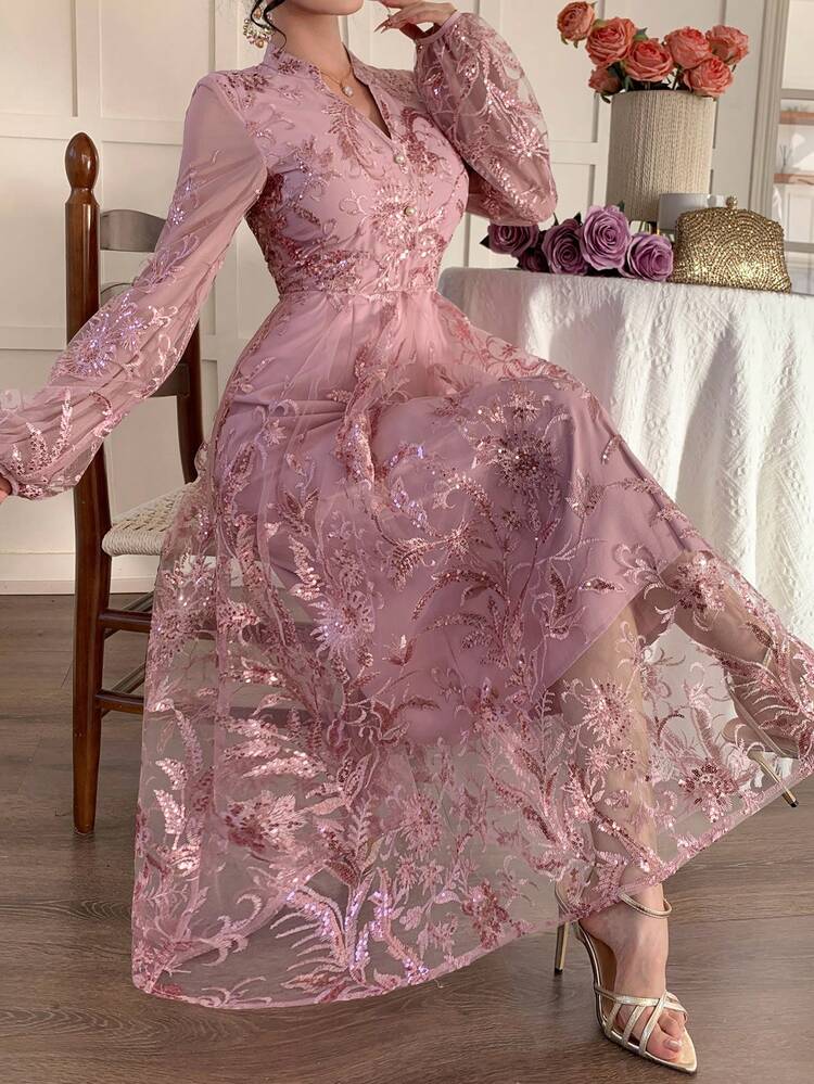 Women's Elegant Sequin Floral Print Dress With Stand Collar, Summer Wedding Guest Dress