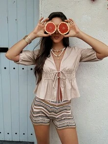 Selianne Áo sơ mi nữ mùa hè buộc dây, kẻ sọc, vải màu xanh da trời nhạt. - Nhiều màu - Xem 3
