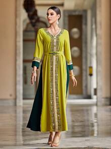 Al Najma Color Block Long Sleeve Dress With Rhinestone Decoration, Elegant Evening Party Maxi Modest Dress Kaftan Arabian Dress - Multicolor - View 4