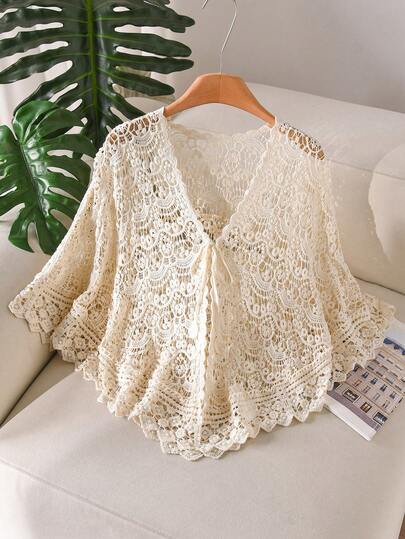 CosyJoli Áo khoác ngoài cỡ lớn bằng ren khoét rỗng, buộc dây phía trước, mỏng nhẹ, thích hợp cho kỳ nghỉ xuân/hè.