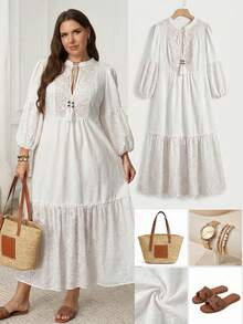 SHEIN LUNE 大码女式印花流苏系领灯笼袖优雅连衣裙 - 白色 - 查看 2