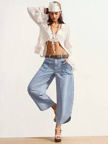 Bohemela Women's Casual Everyday Striped Patch Pocket Loose Fit Denim Jeans, Summer - Light Wash - View 4