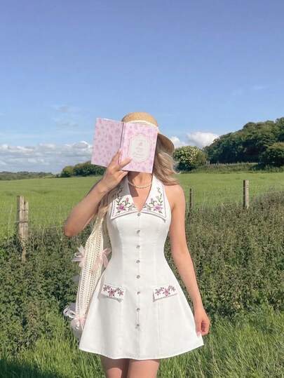 SHEIN MOD Women's Vintage White Romantic Floral Embroidered V-Neck Dress, Suitable For Spring, Vacation, Garden, Casual, Afternoon Tea, Brunch