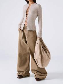 LYSMO New Minimalist Lace-Up Long Sleeve Sexy Sweater For Women, Spring Fall - Khaki - View 4