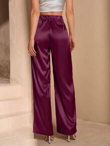 EURMUSE Quần ống rộng xếp ly màu trơn bằng vải satin dành cho nữ. - Màu Đỏ Sâu - Xem 2