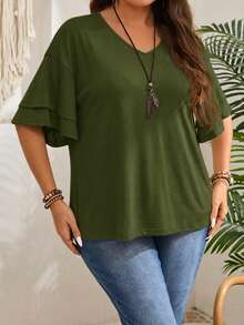 EMERY ROSE Plus Size V-Neck Solid Color Casual Versatile Summer Ruffle Sleeve T-Shirt, Summer Tops - Army Green - View 6