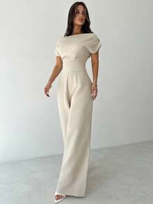 Firerie 女士休闲优雅亚麻外观领落肩袖修身衬衫，适合办公室、返校、秋季、复古风格、工作上衣、教师装 - 杏色 - 查看 8