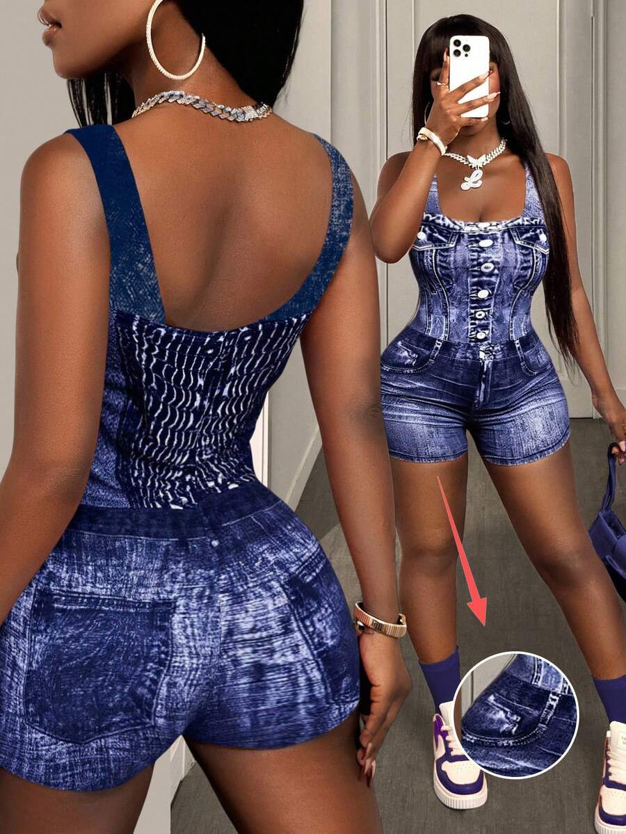 BamGleam Bộ đồ liền thân denim không tay cổ vuông cho nữ - Màu Cam cháy - Xem 1