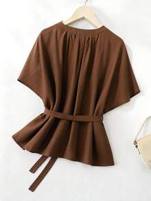 SHEIN Franclia V-Neck Ruffle Sleeve Button Tie Waist Women Blouse - Brown - View 2