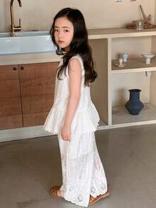 DAZY Young Girls Summer New Lace Patchwork Ruffle Trim Korean Style Sleeveless Blouse Set - White - View 3
