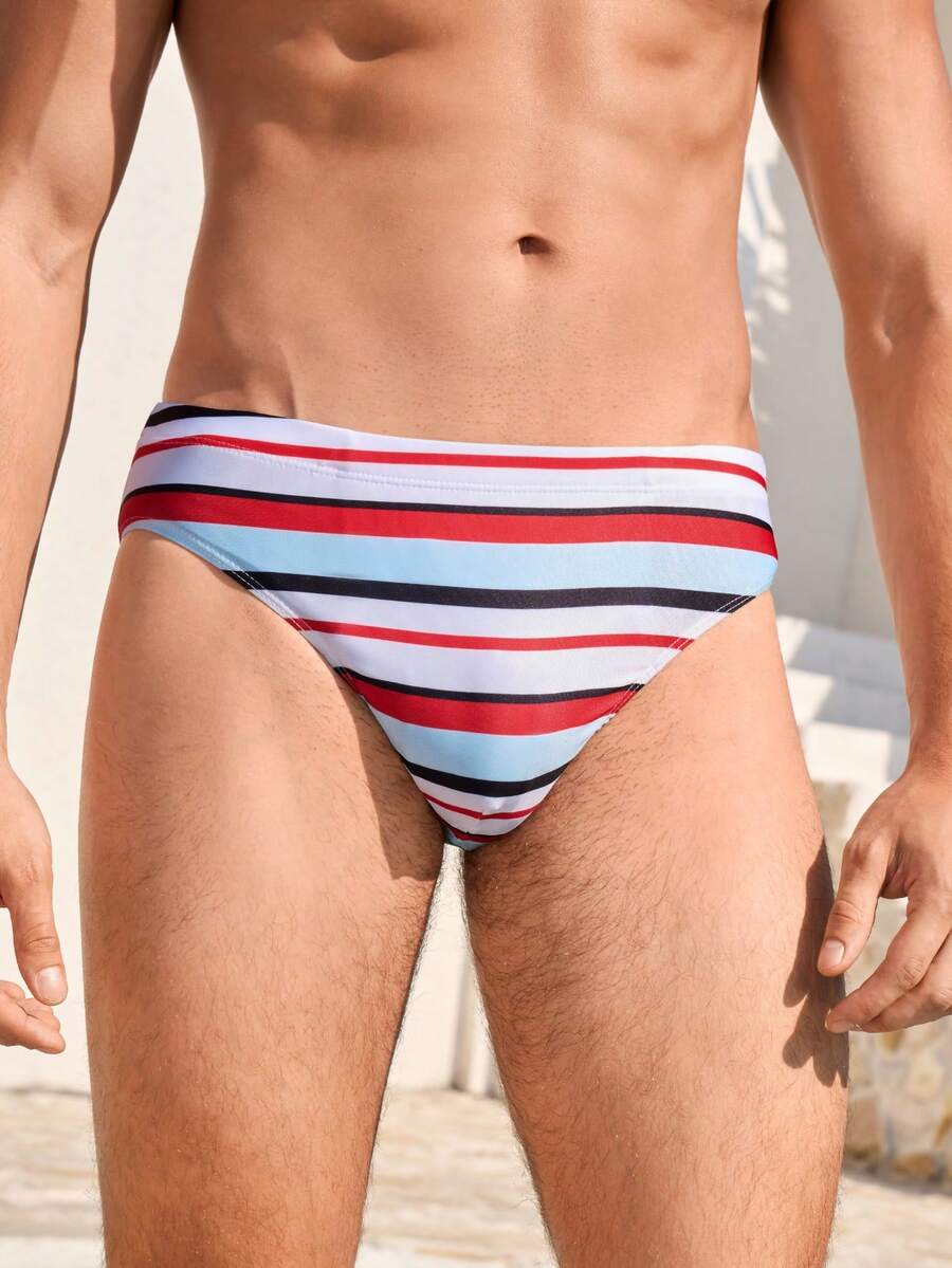 Manfinity VDAYZ 男士彩色条纹透气夏季沙滩泳裤 - 紅色 - 查看 1
