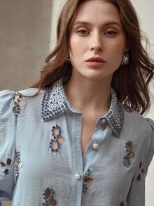 MOTF PREMIUM FASHIONABLE EMBROIDERED & RHINESTONE DECORATED LASER CUT WOMEN'S SHIRT - Blue - View 5