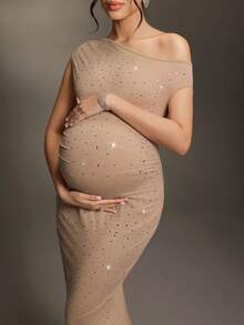 Cheriluna Maternity Maternity Solid Color Asymmetric Neckline Fitted Rhinestone Decor Photoshoot Dress - Apricot - View 6